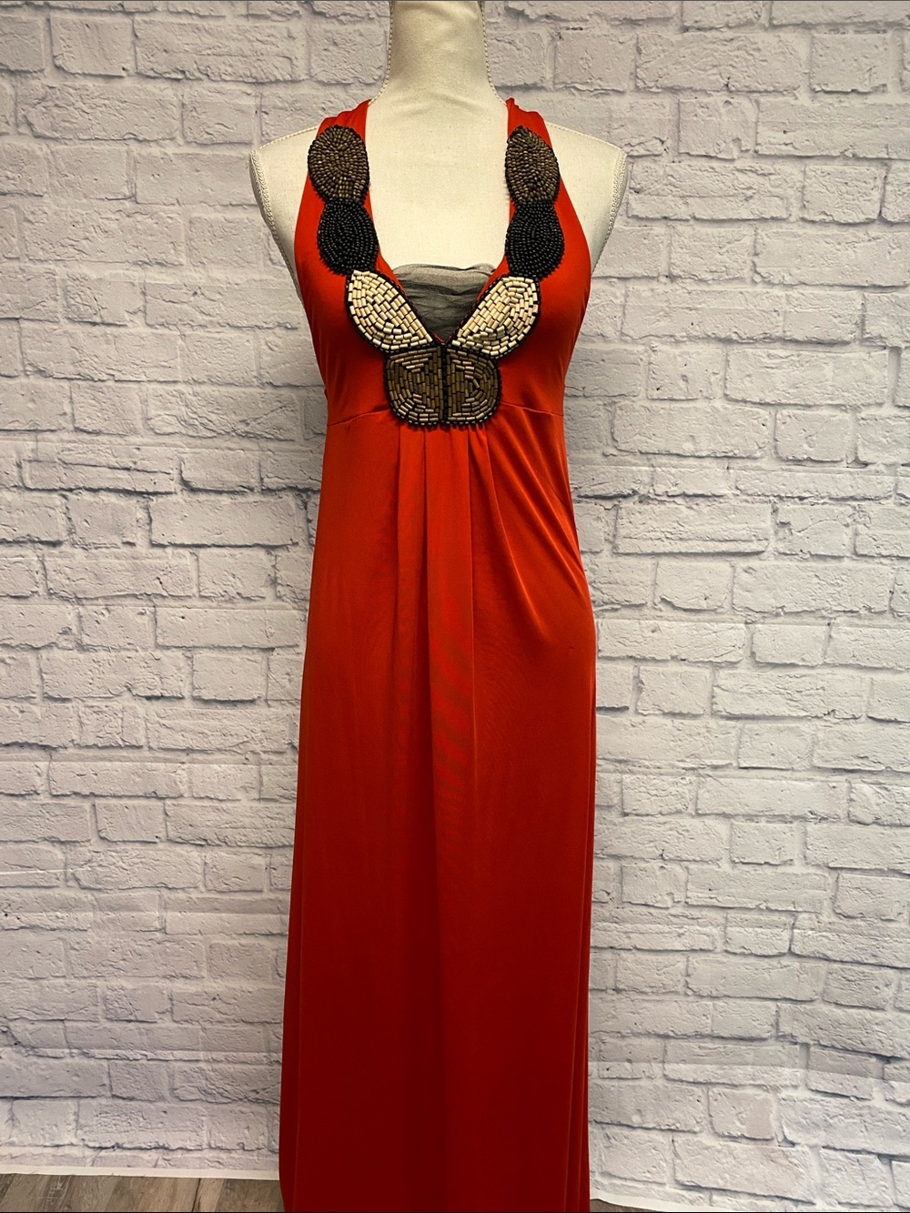 Kardashian Kollection Red Halter Maxi with Beaded Neckline Size Small